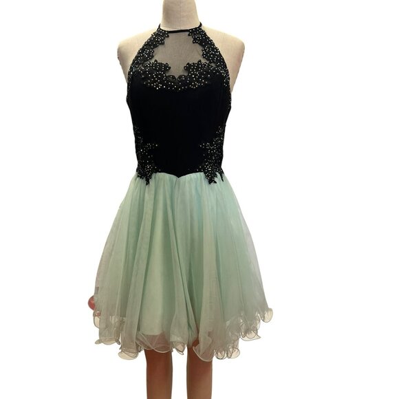 Blondie Nites By Stacy Sklar Size 11 Black & Mint Beaded Halter Dress With Tulle - Picture 1 of 10